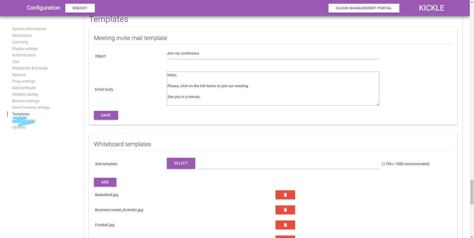 Changer de template dans les réglages de Kickle